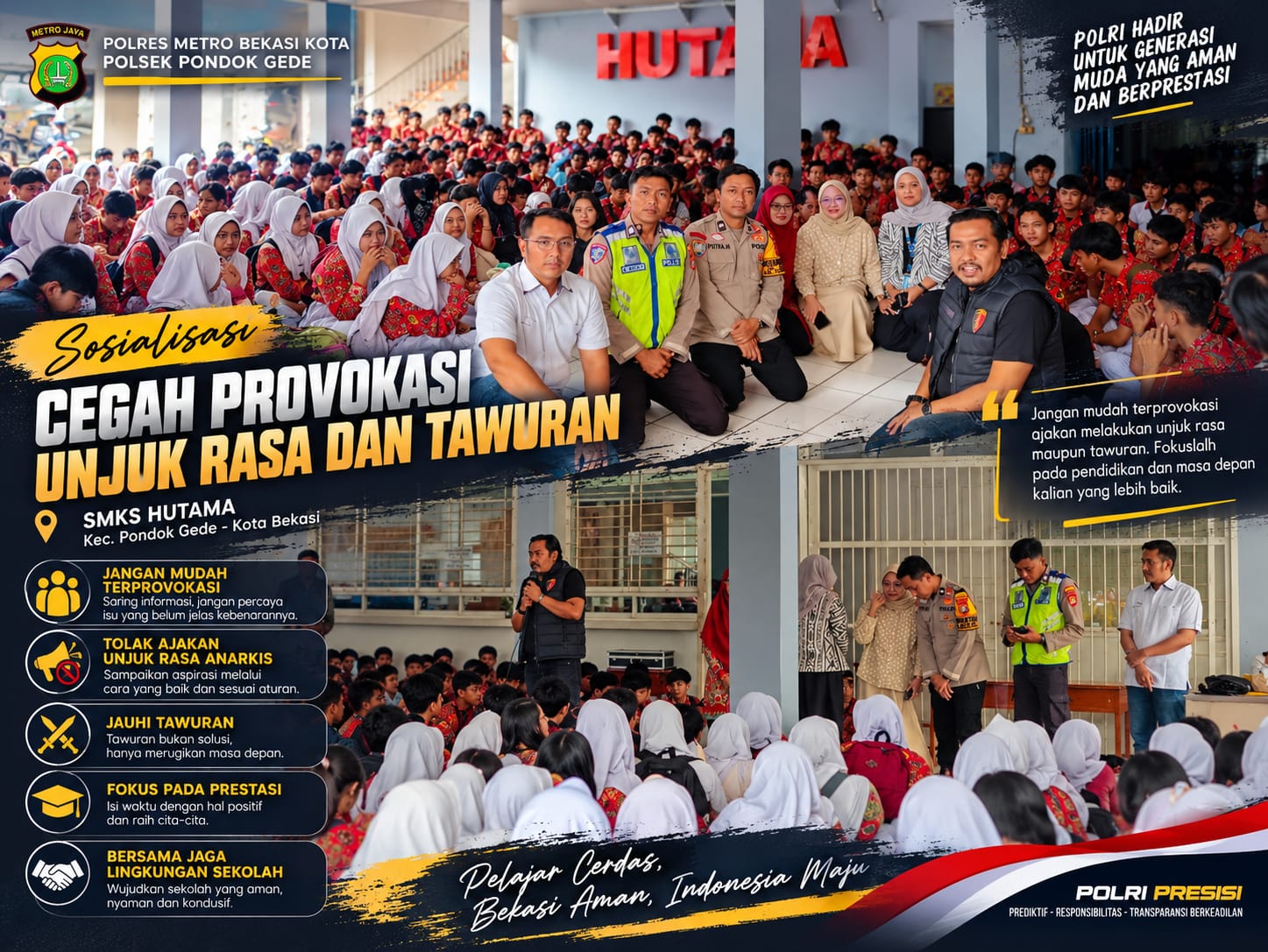 POLSEK PONDOK GEDE GELAR SOSIALISASI KAMTIBMAS DI SMKS HUTAMA, AJAK PELAJAR TOLAK PROVOKASI UNJUK RASA DAN TAWURAN